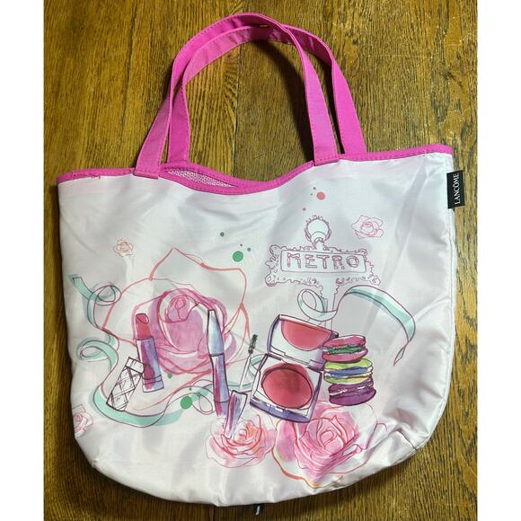 New! Lancôme Synthetic Straw Metro Tote in Pink + Black Drawstring Makeup Bag - Picture 2 of 8